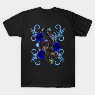 Triple Black Day Of The Dead Skulls Blue Roses T-Shirt